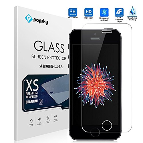 PopSky™ iPhone SE/iPhone 5SE 強化ガラスフィルム 採用0.26mm 強化ガラス ラウンドカッティング 硬度9H ラウンドエッジ加工 耐指紋 撥油性 高透過率液晶保護フィルム (iPhone 5SE, 強化ガラスフィルム)